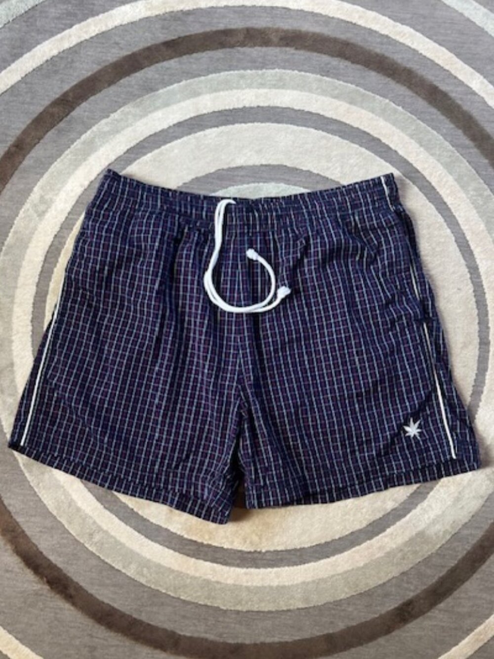 BOAST SWIM SHORTS TRUNKS Plaid W/ Wht Side Piping Logo Men's Large